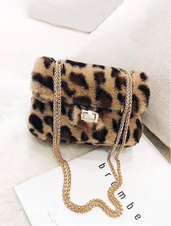 Leopard Print Plush Drawstring Purse